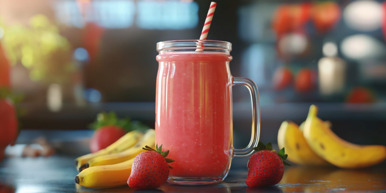 Refreshing strawberry banana smoothie served in a mason jar with a striped straw in a vibrant kitchen setting